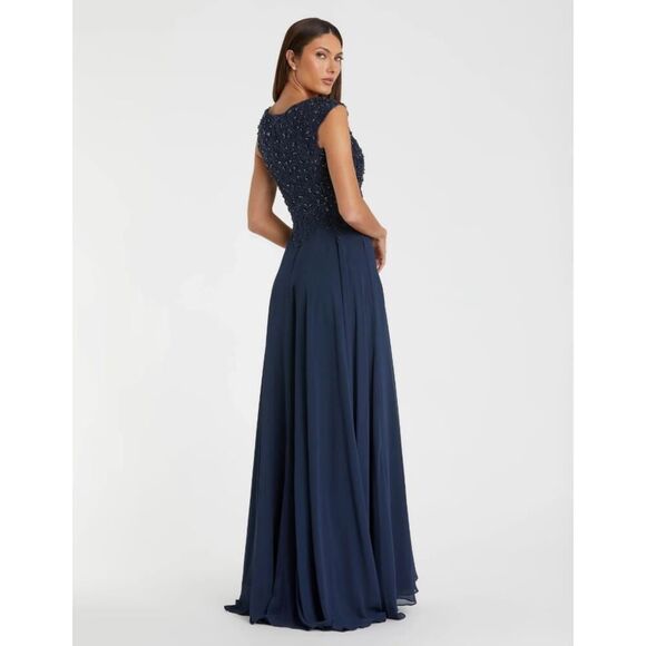 Mac Duggal Navy Applique Cap Sleeve Bodice Flowy Gown - Size 4 - NWT - Picture 1 of 5